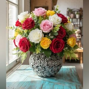 Kare Vase Rose Multi Chrome Silver Rose Embossed Vase | Glam Modern Home Decor